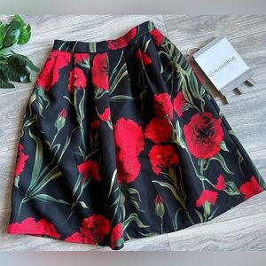 HIKA Black Green Red Carnation Floral Rockabilly Pleated Midi Skirt. Size L